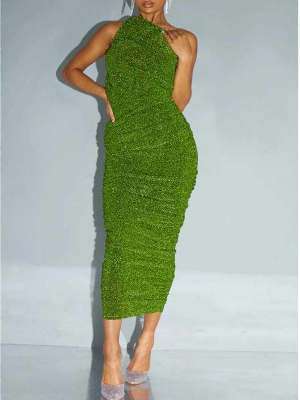 PrettyLittleThing Green One-Shoulder Ruched Midi Dress